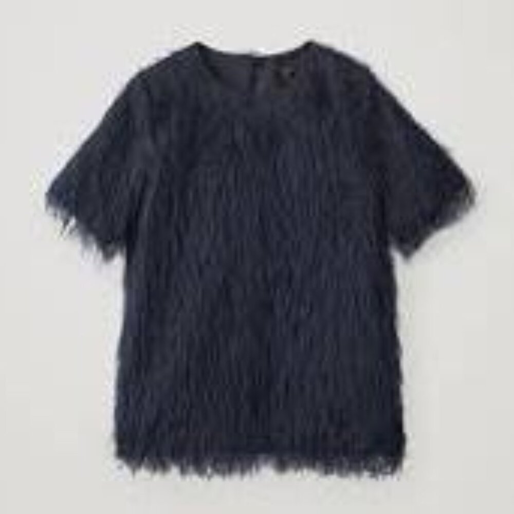 NWT- COS Navy Blue Women’s Feathered Faux Ostrich Short-Sleeved Top - Size 2